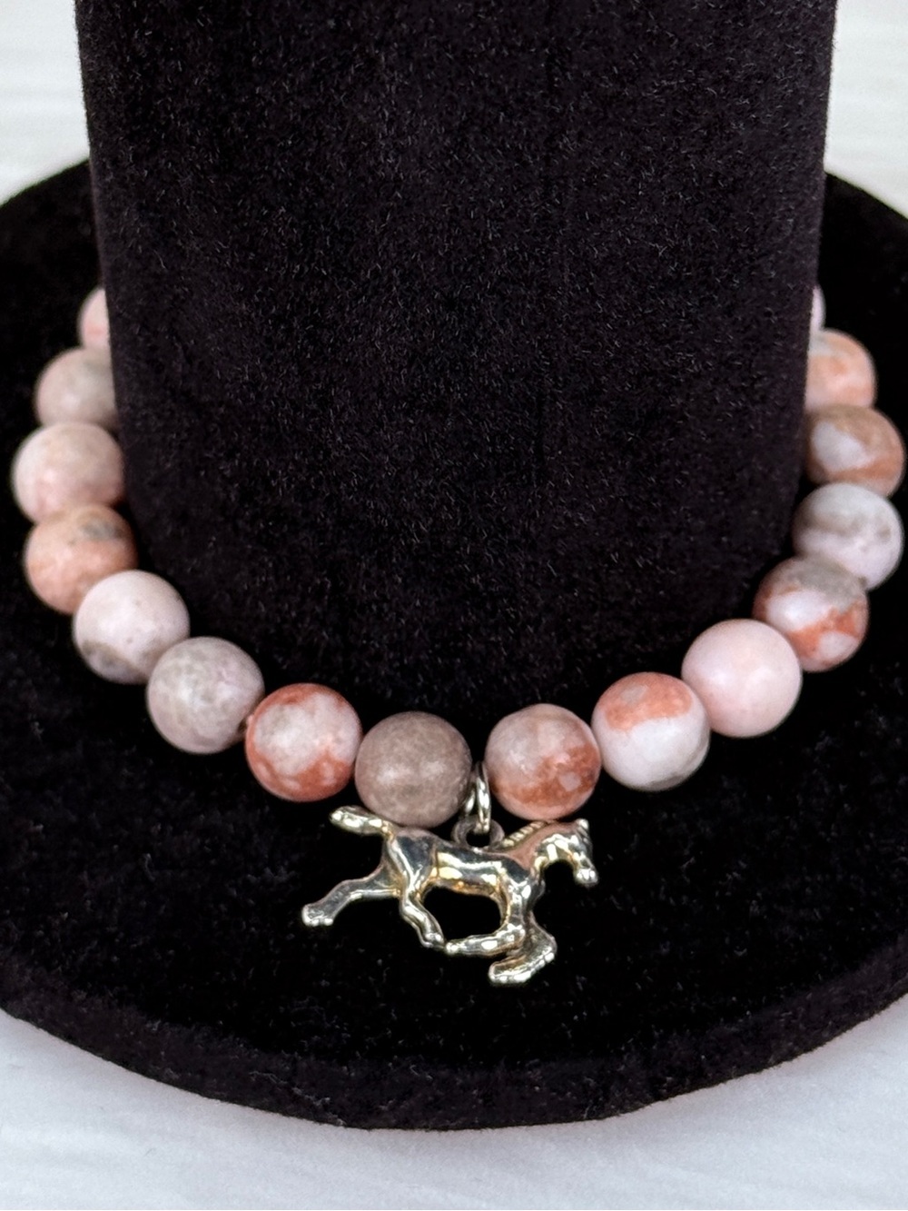 Pink & Gray Stone Beaded Horse Charm Stretch Bracelet